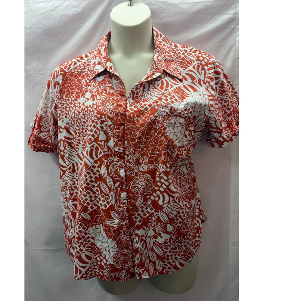 Pappagallo Casuals Rust White Tropical Floral Button Down Shirt XL Short Sleeve